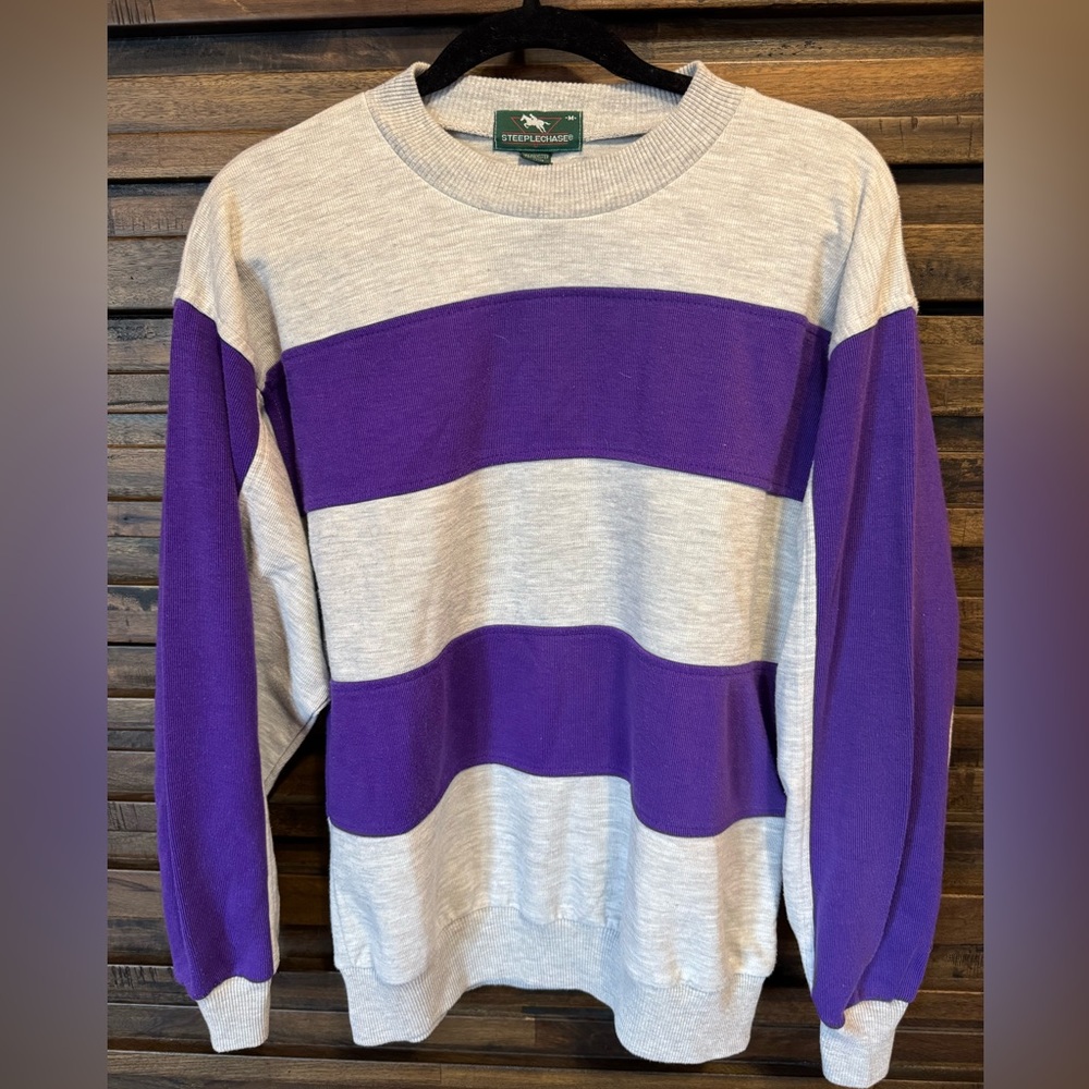 Vintage Retro‎ Mens Steeplechase Long sleeve Sweater Purple Preppy Stripe MED